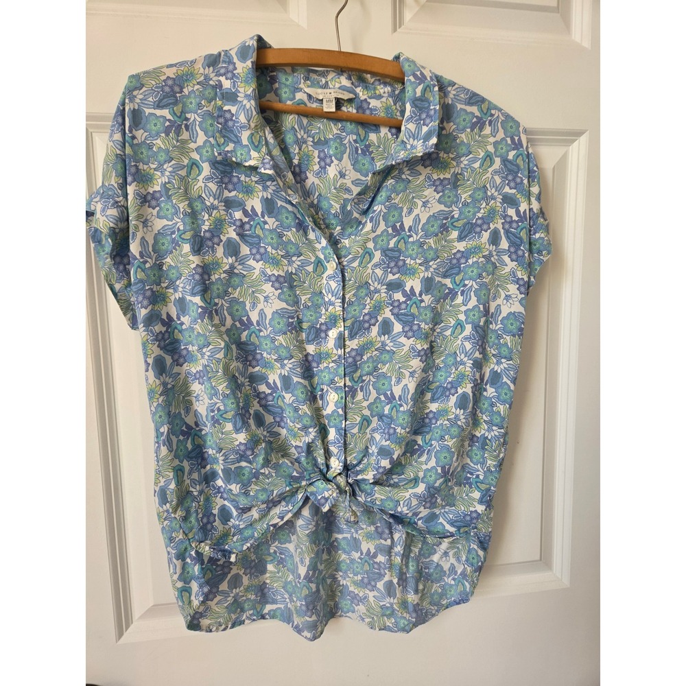 Lucky Brand Blue Floral Front Tie Modal Button Down Short‎ Sleeve Shirt Women M